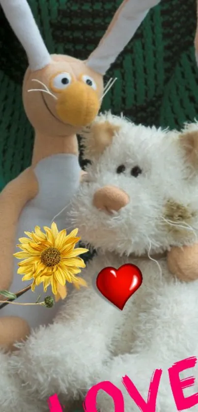 Cute plush dog and rabbit with heart and sunflower on wallpaper.