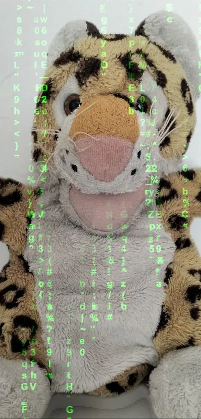 Cute plush leopard toy with matrix code background.