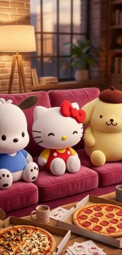 Adorable plush toys sit on a colorful sofa enjoying pizza in a cozy room.
