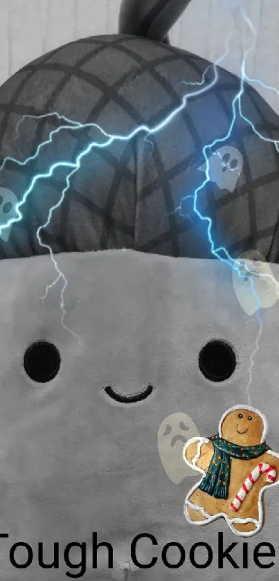 Cute plush character with lightning and cookie design on phone wallpaper.