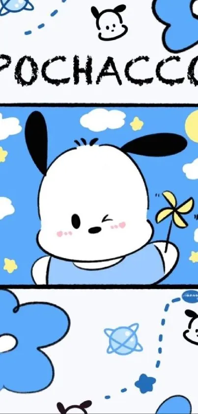 Cartoon Pochacco with clouds and flowers in blue.