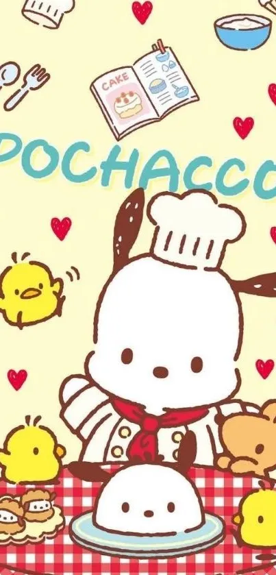 Pochacco in chef outfit with kitchen items, cute theme.