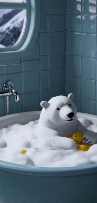 Polar bear in bathtub with rubber duck toys and fluffy bubbles.