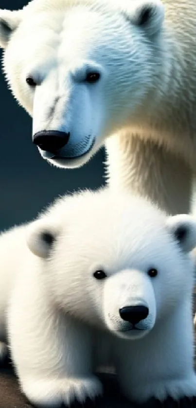 Polar bear mother and cub on a rocky surface in serene setting.