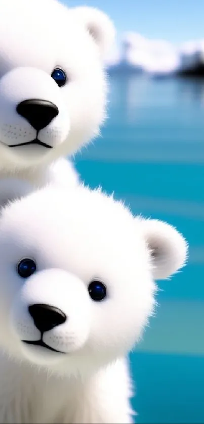 Adorable polar bear cubs by the turquoise sea.