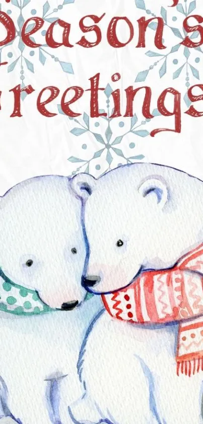 Adorable polar bear winter wallpaper with festive greetings.