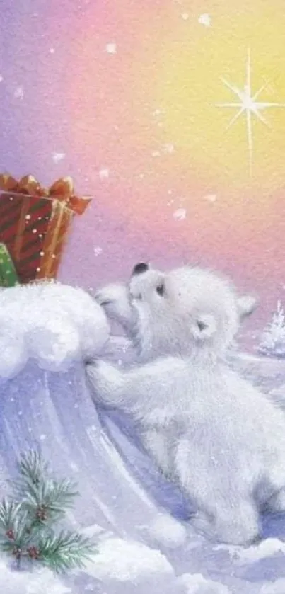 Cute polar bear in snowy landscape with sunset and gifts.