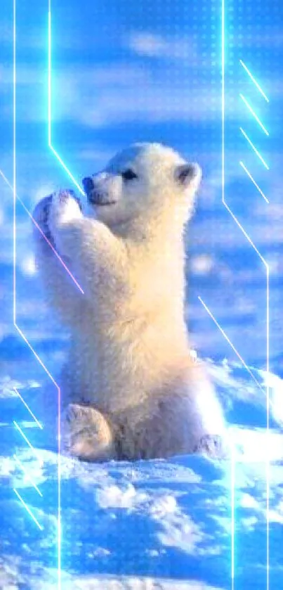 Adorable polar bear sitting in snow with a clear blue backdrop.