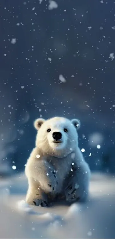 Adorable polar bear sitting surrounded by falling snow.