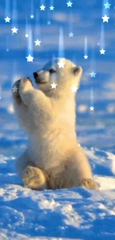 Adorable polar bear cub sitting on ice in a serene winter scene.