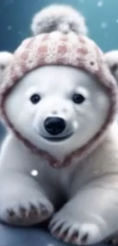 Polar bear cub wearing a winter hat in the snow.