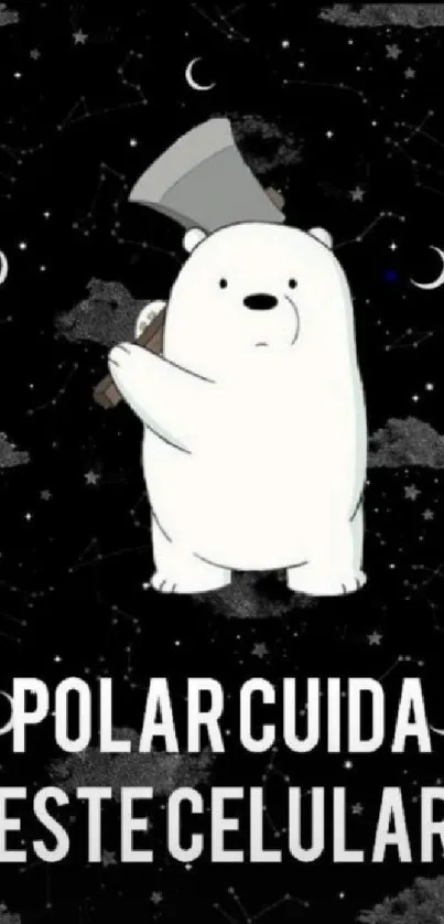 Cartoon polar bear with an axe against a starry sky on mobile wallpaper.