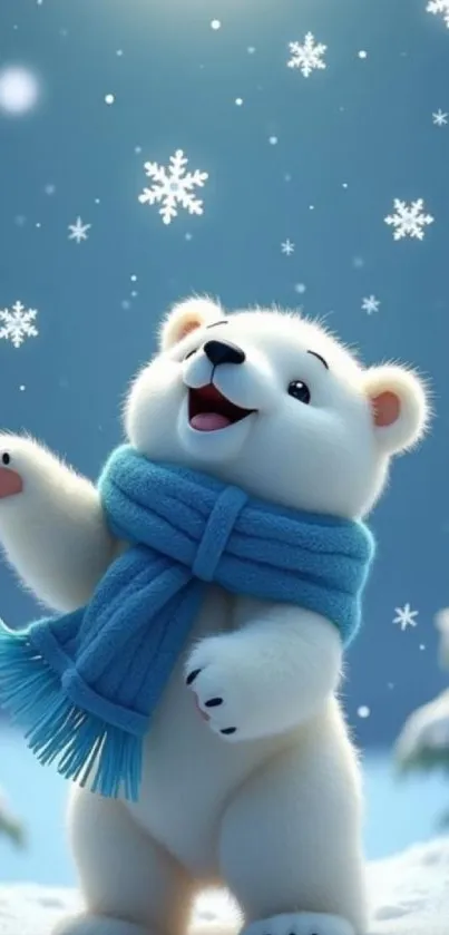 Cute polar bear with blue scarf and snowflakes in a winter scene.