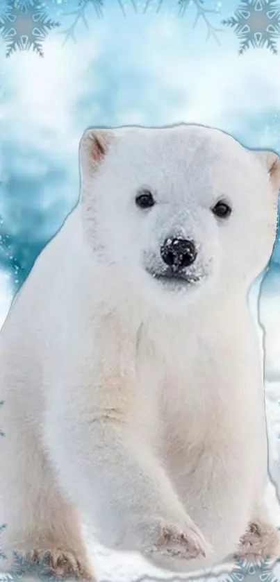 Cute polar bear on snowy background with snowflakes.