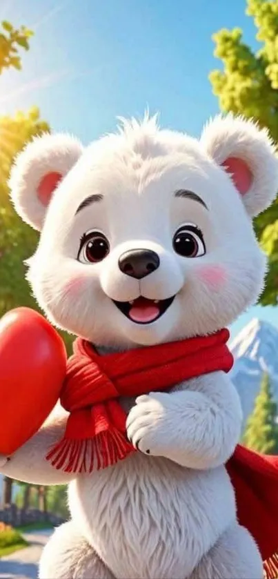 Cute cartoon polar bear holds a heart in a sunny forest.