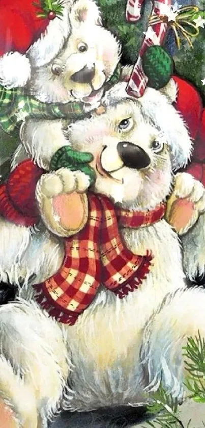 Adorable polar bears in festive hats with a candy cane.