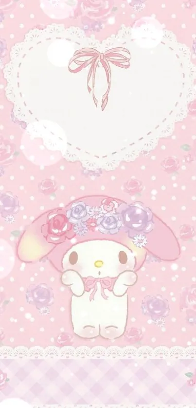 Adorable pink wallpaper with a cute bunny and floral decorations.