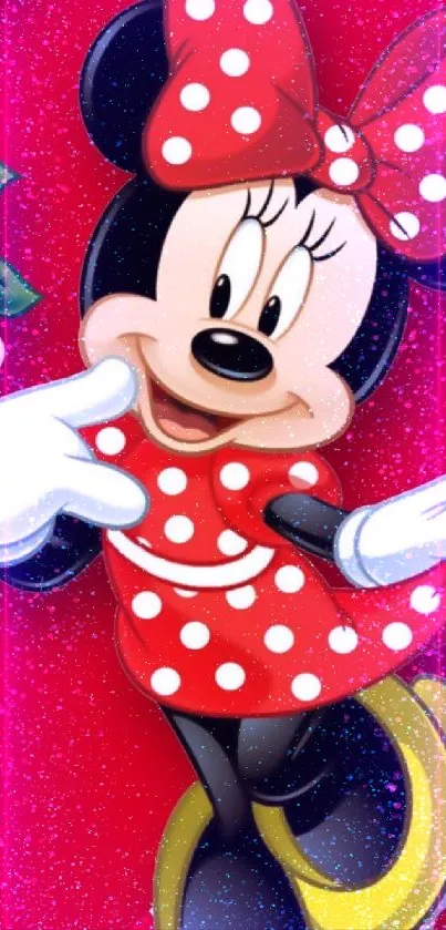 Colorful cartoon wallpaper with polka dots and fun character in red outfit.