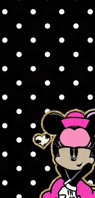 Cute cartoon wallpaper with black polka dots and pink accents.