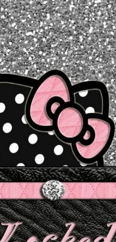 Black and pink polka dot cat wallpaper with silver glitter.