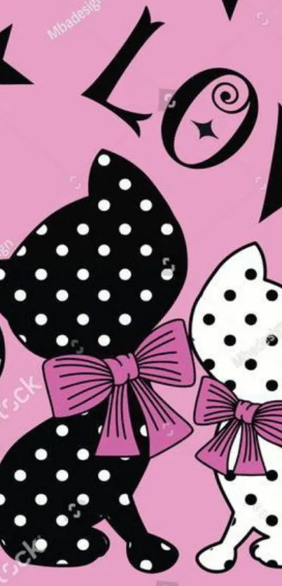 Polka dot cats with bows on pink background wallpaper.