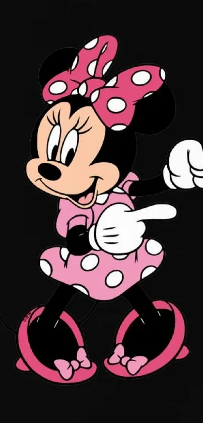 Cartoon character in pink polka dot outfit on black background.