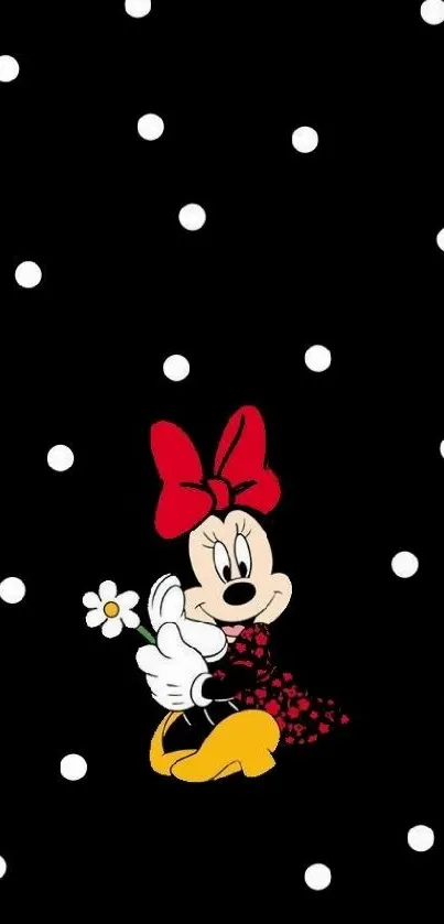 Charming cartoon character with polka dots and a red bow on a black background.