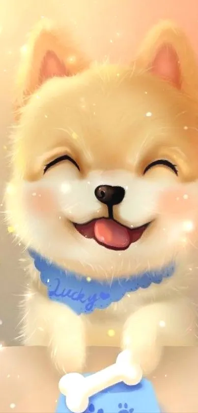 Cute cartoon Pomeranian with a blue bandana and bone, smiling happily.