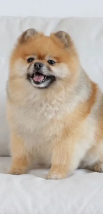 Adorable Pomeranian dog on a white couch, smiling charmingly.