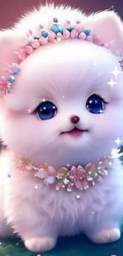 Fluffy white Pomeranian puppy with floral tiara and pink flowers.