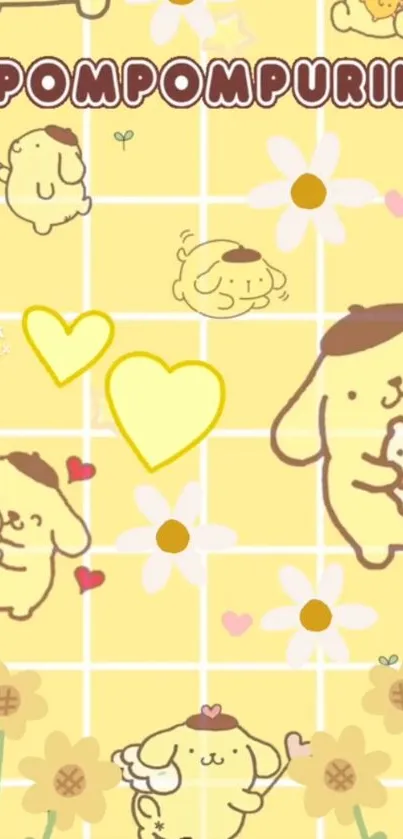 Cute Pompompurin wallpaper with yellow background and playful designs.