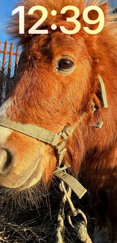 Adorable furry pony with a rustic setting on a mobile wallpaper.