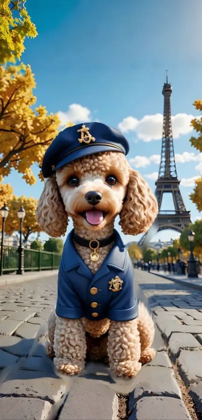 Cute dog in uniform by Eiffel Tower during autumn in Paris.