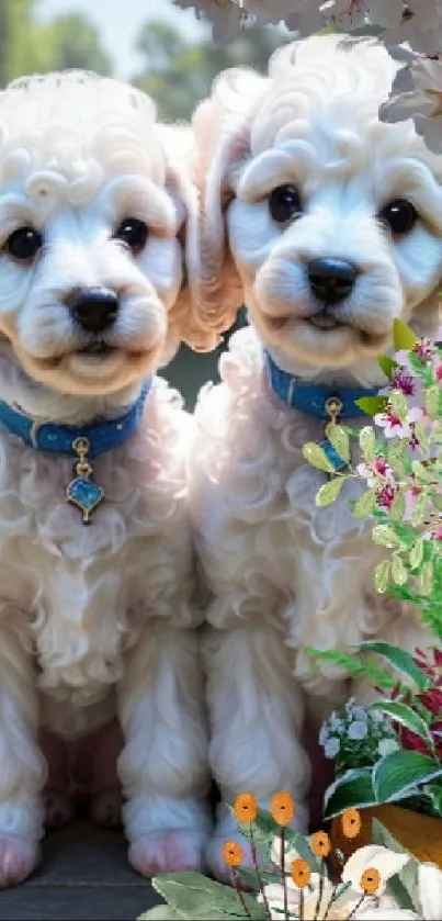 Adorable poodle puppies with a floral garden backdrop.