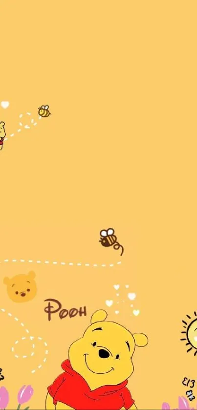 Cute Winnie the Pooh wallpaper with bees and the sun.