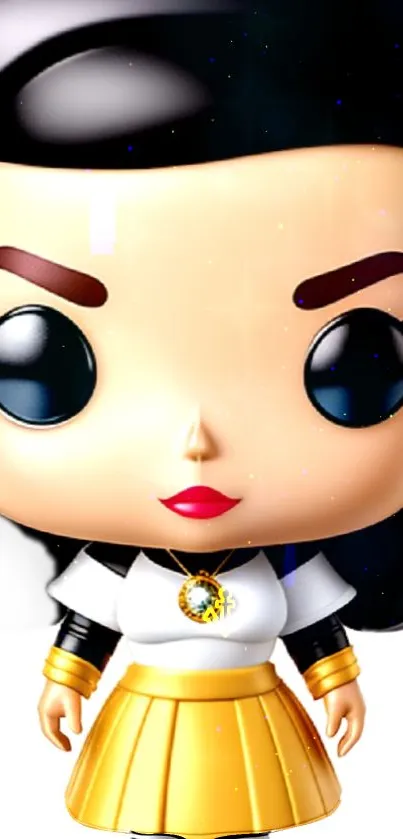 Pop art style doll with black hair and gold outfit.