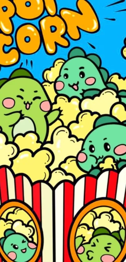 Cute dinosaur characters in popcorn theme on a blue mobile wallpaper.