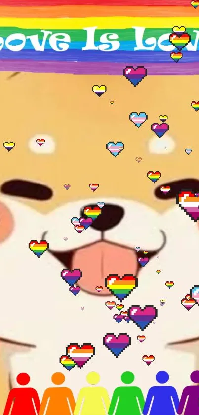 Adorable dog with rainbow hearts and 'Love is Love' message.