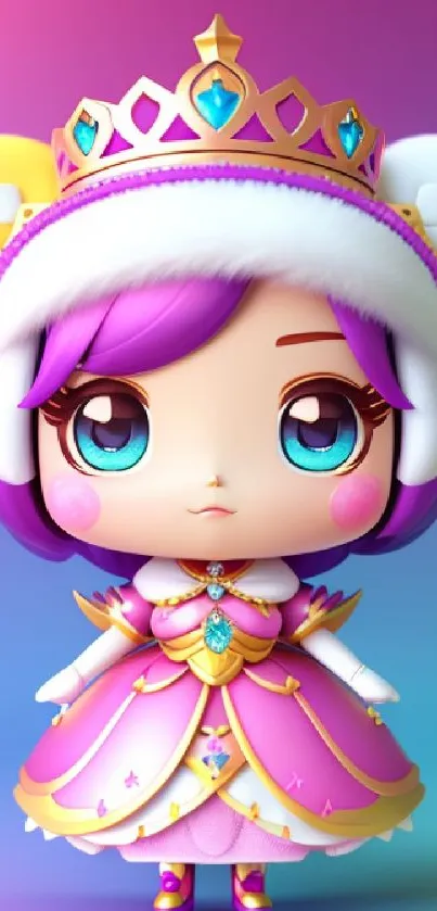 Cartoon princess with purple hair and a pink dress in a fantasy setting.