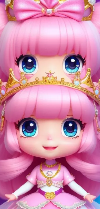 Cute princess doll with pink hair and golden crown on purple background.