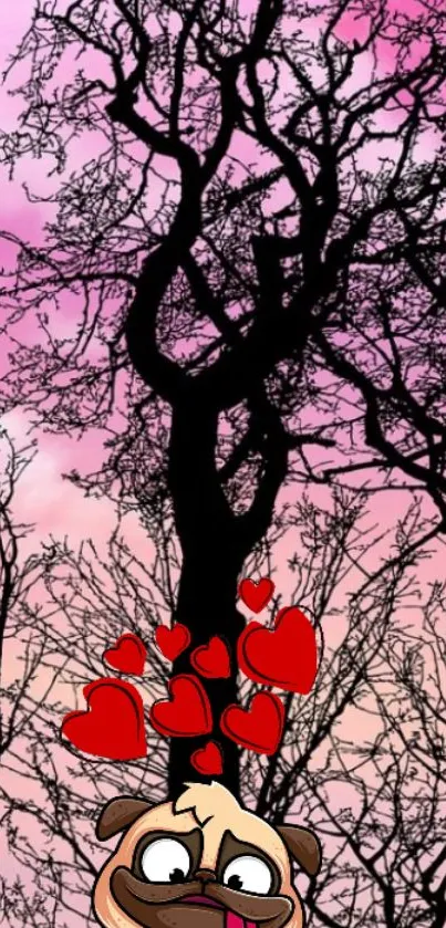 Adorable pug cartoon on a pink sunset with hearts and tree silhouettes.