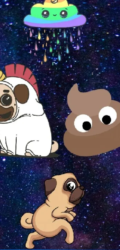 Cute cartoon pugs in a starry night sky wallpaper with whimsical style.