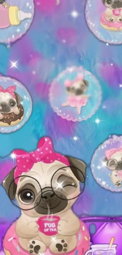 Cute cartoon pug in glasses with pastel pink and blue background.