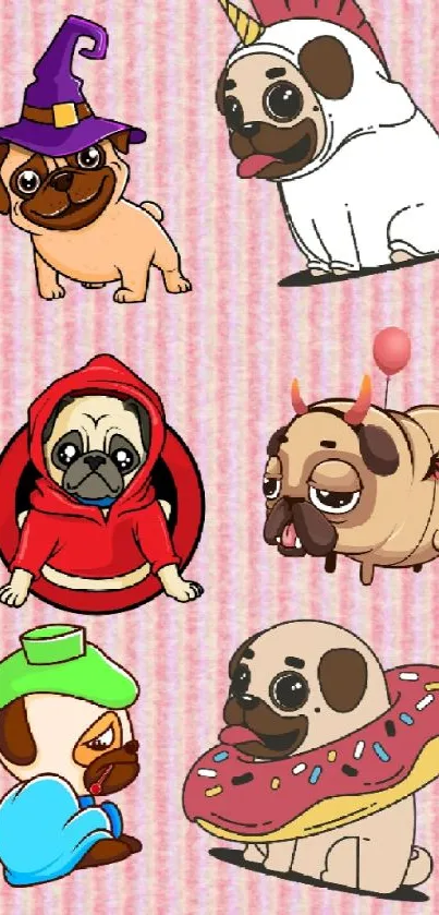 Cartoon pugs in costumes on pink striped background wallpaper.