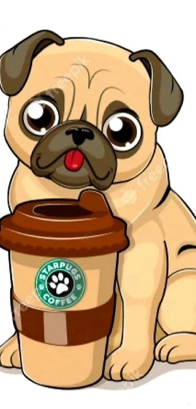 Cartoon pug with coffee cup mobile wallpaper.