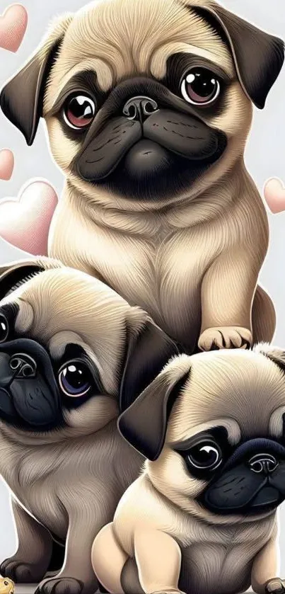 Illustrated cute pug dogs in a cartoon style.