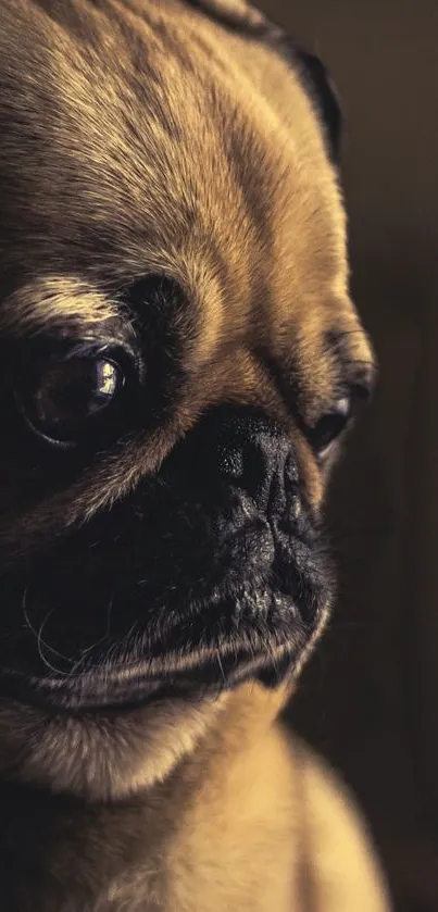 Close-up of cute pug dog with rich brown tones, perfect for wallpaper.