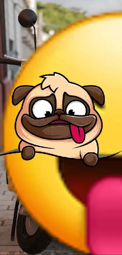 Cartoon pug emoji with tongue on city street background.