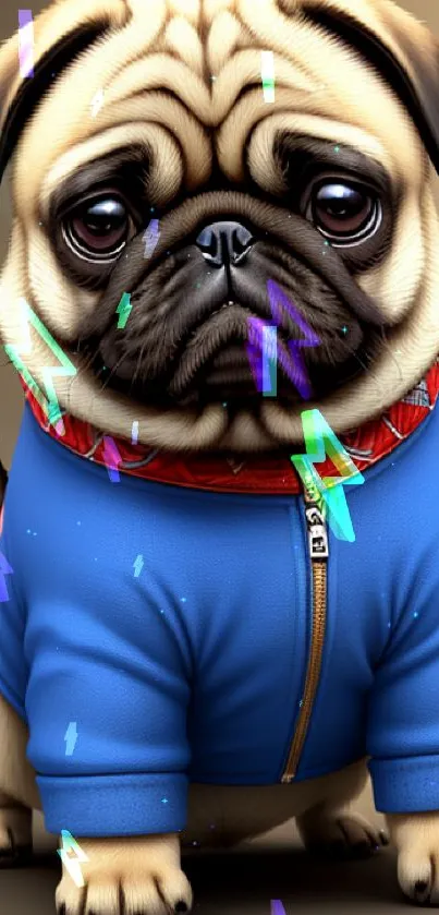 Adorable pug in a blue jacket on a brown background, digital art wallpaper.