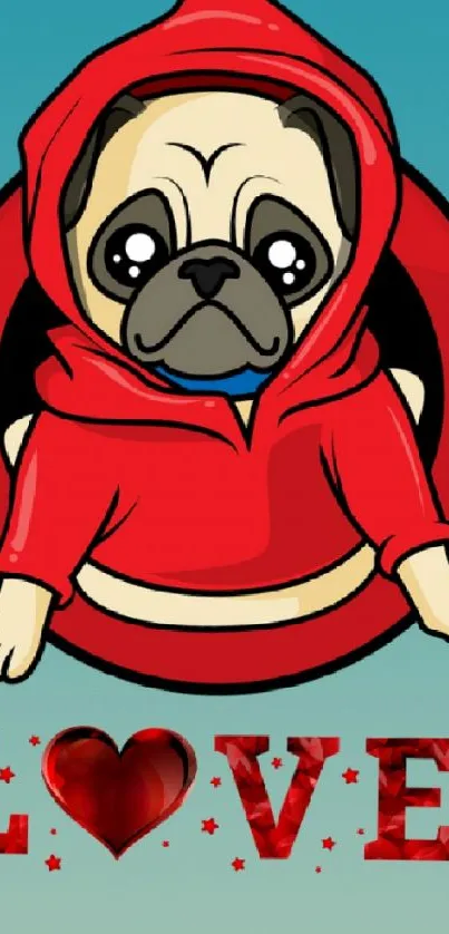 Cute pug in a red hoodie with love text wallpaper.